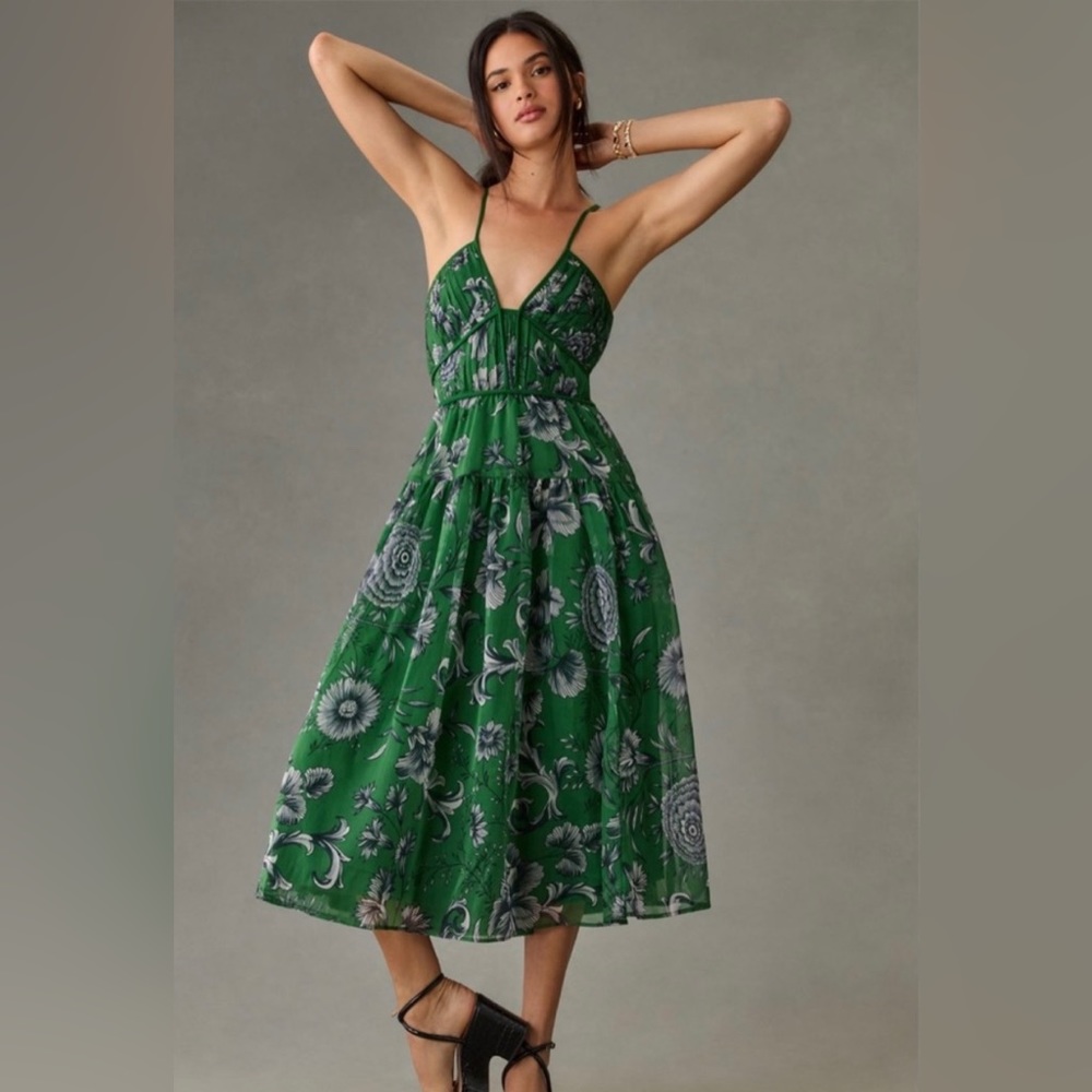 Anthropologie Green V-Neck Floral Spaghetti Strap Flare Midi Dress